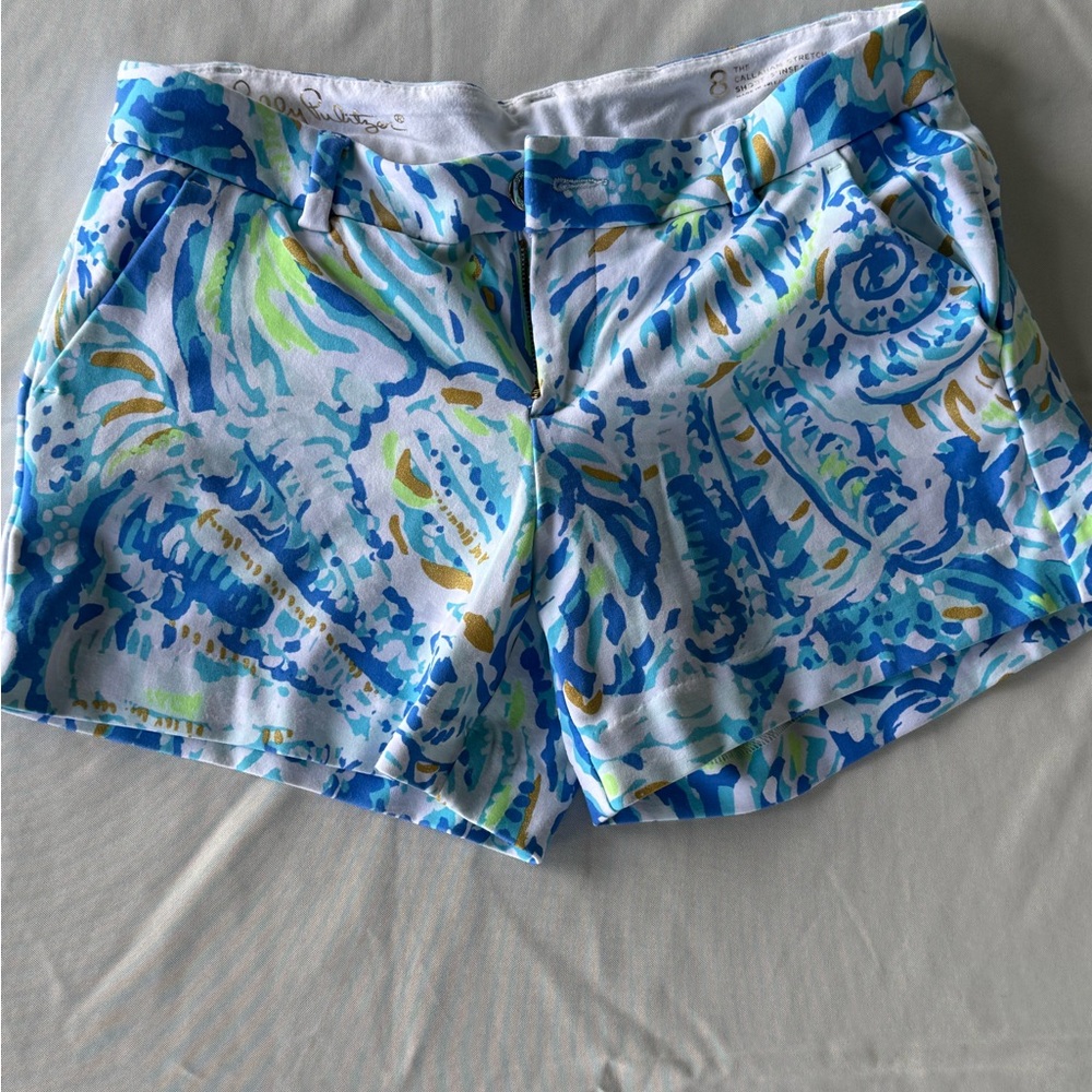 Blue and Green Bermuda Shorts with Vibrant Pattern